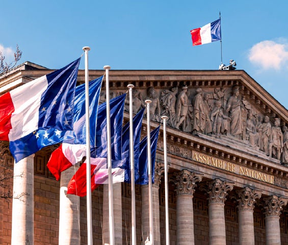 French government building façade with multiple national flags waving in front, under a clear sky.
