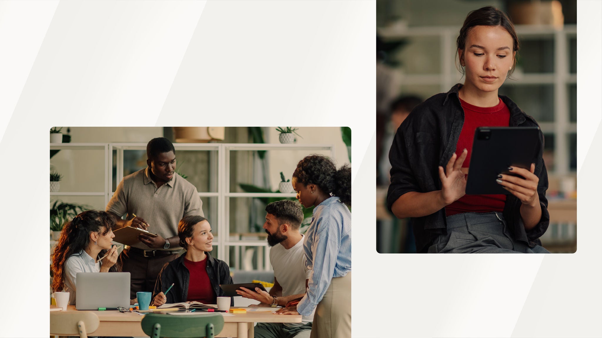 Collage showing a woman using a tablet in an office and a team meeting around a table with a laptop, notebooks, and coffee cups.