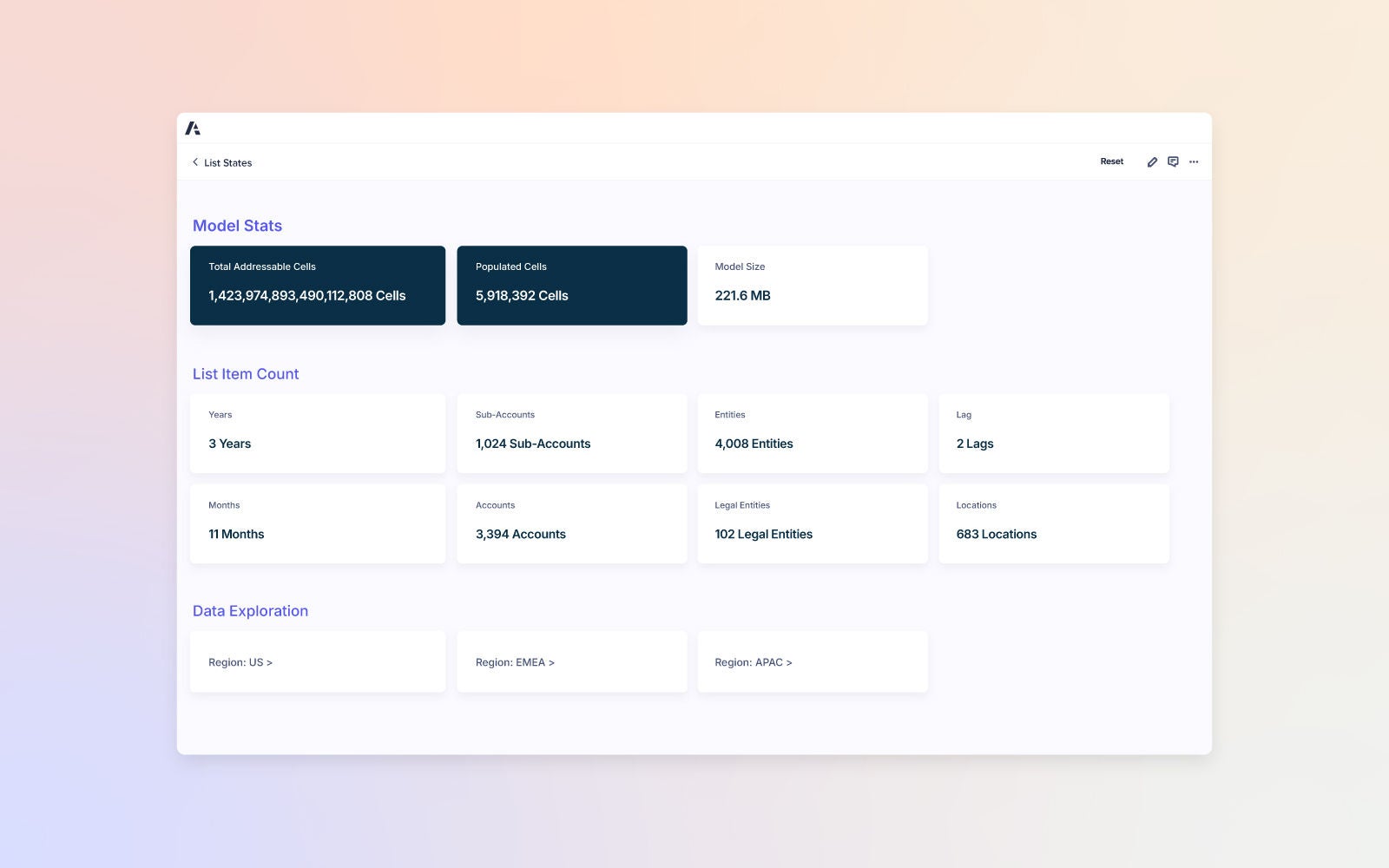 Image of a grid view with model statistics and list item counts presented in organized cards over a soft pastel gradient background.