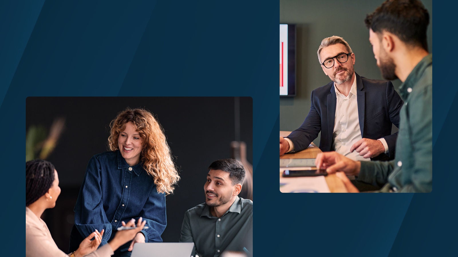 Images of coworkers chatting in an office setting