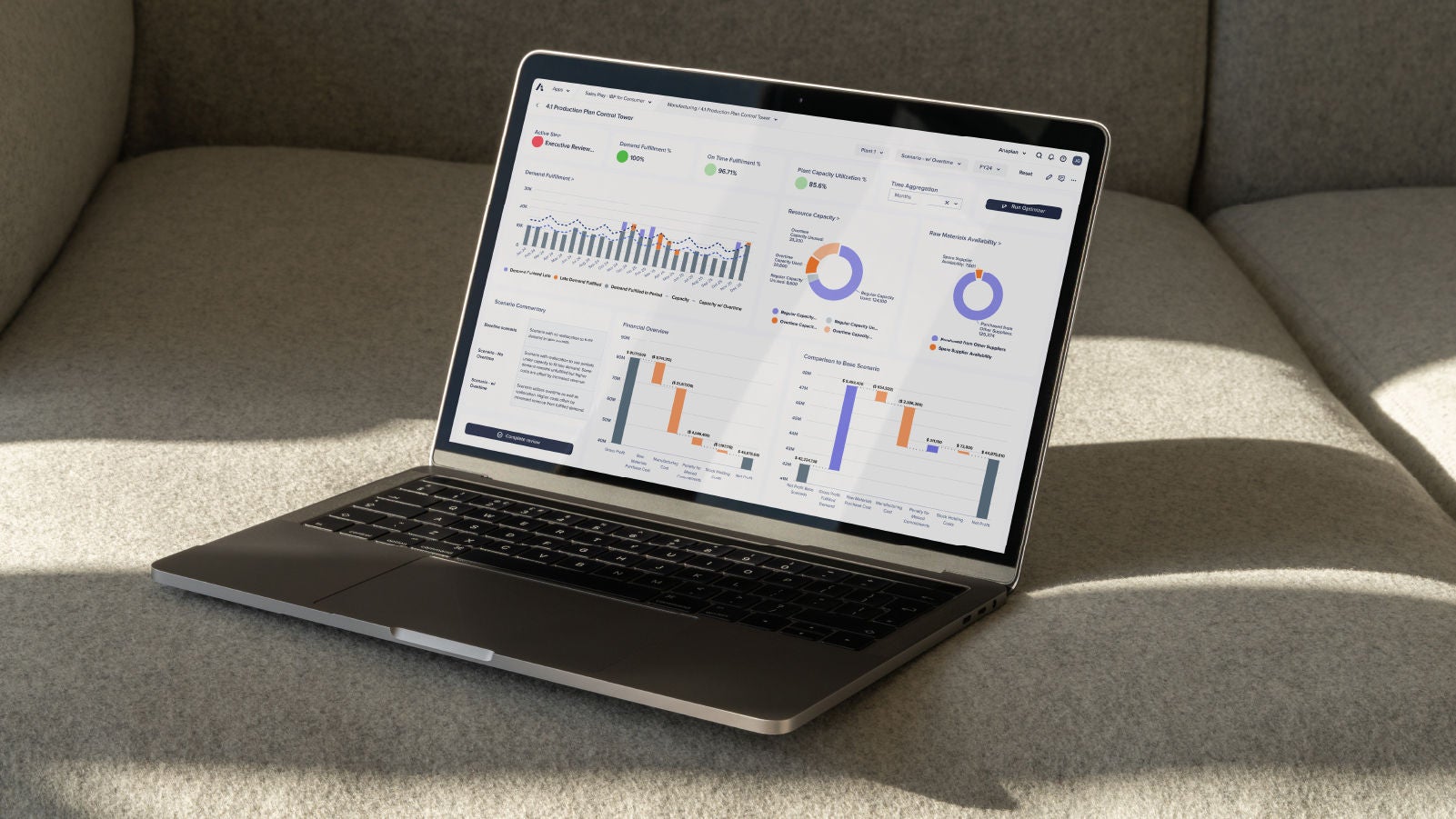 Laptop displaying an Anaplan production planning dashboard with charts, graphs, and performance metrics, placed on a fabric sofa in natural light.