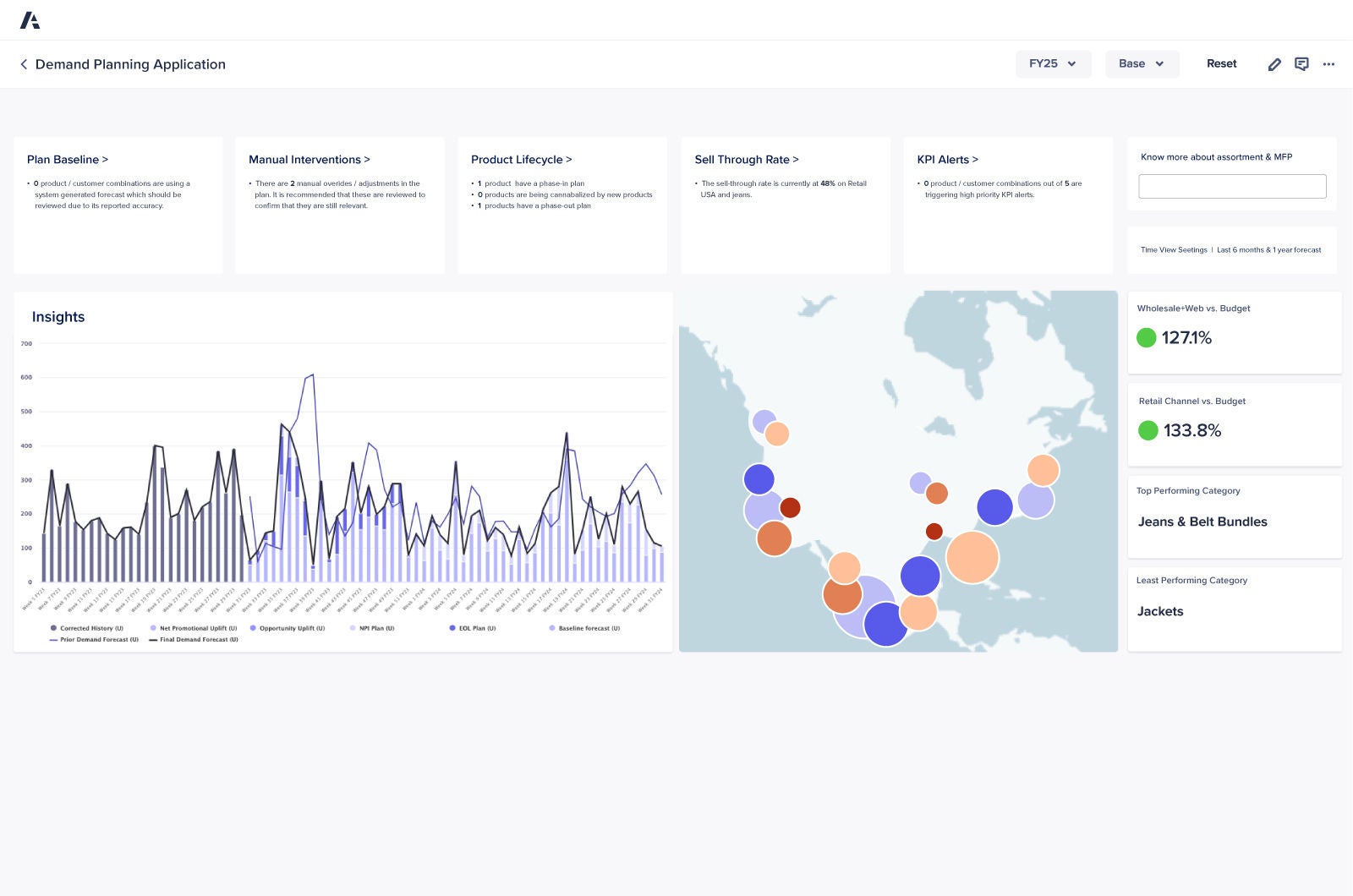 Anaplan Demand Planning Application dashboard displaying data insights. Includes graphs, a geographic data visualization, and key performance indicators for wholesale, retail, and product performance.