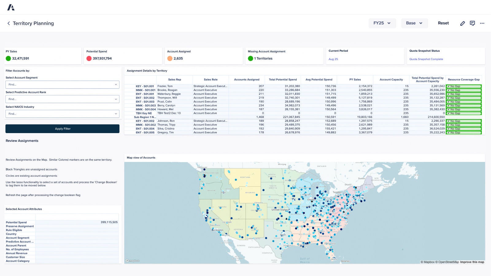 Anaplan Territory Planning dashboard showing account segmentation by sales rep and geographic region. The top section includes performance metrics such as potential spend, assigned accounts, and capacity by territory. A color-coded U.S. map visualizes account coverage, with black triangles marking unassigned accounts. Filters on the left allow for adjusting account segment, rank, and industry to support strategic territory alignment.