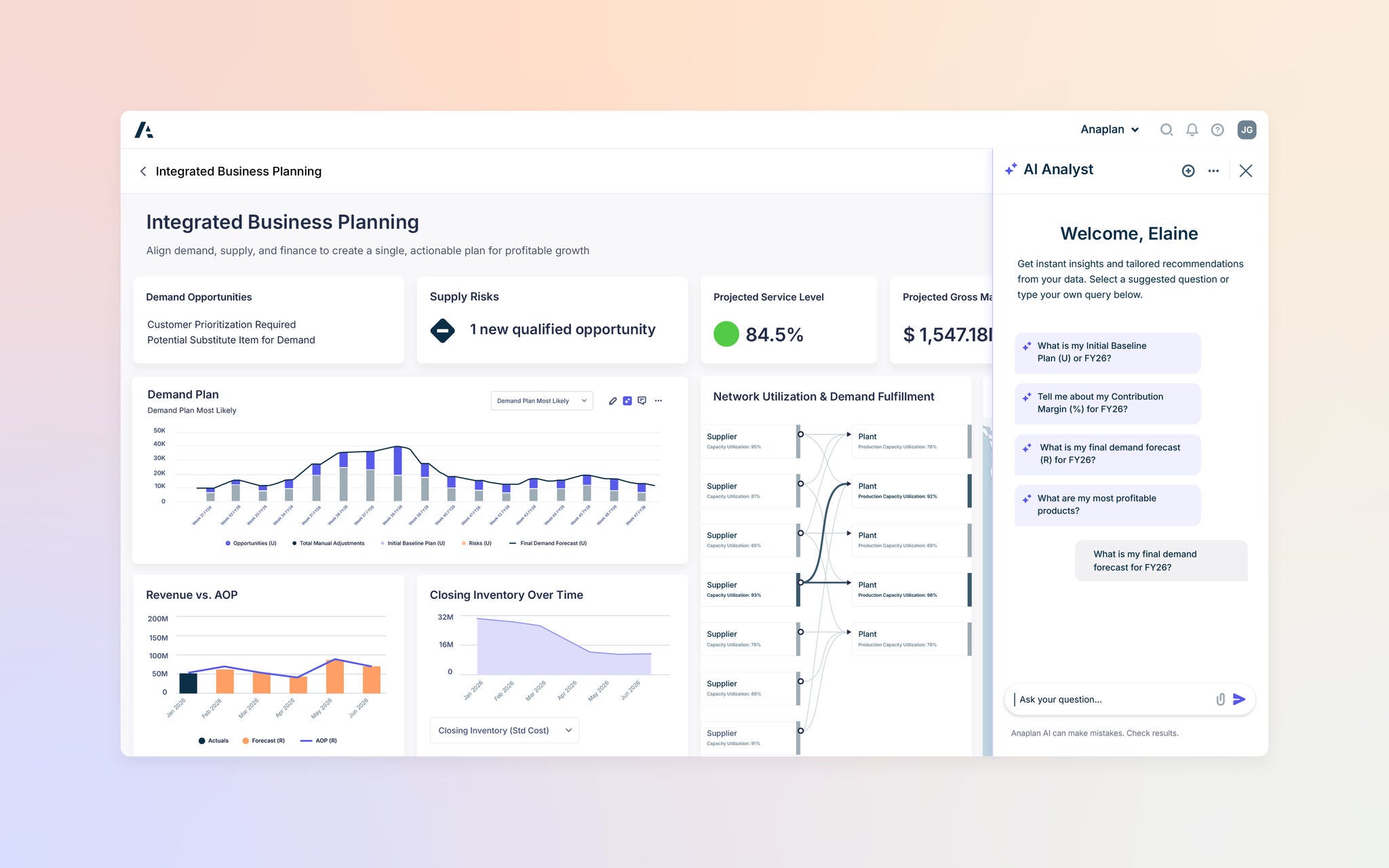 Anaplan Integrated Business Planning dashboard showing demand, supply, revenue, inventory, and AI Analyst insights.