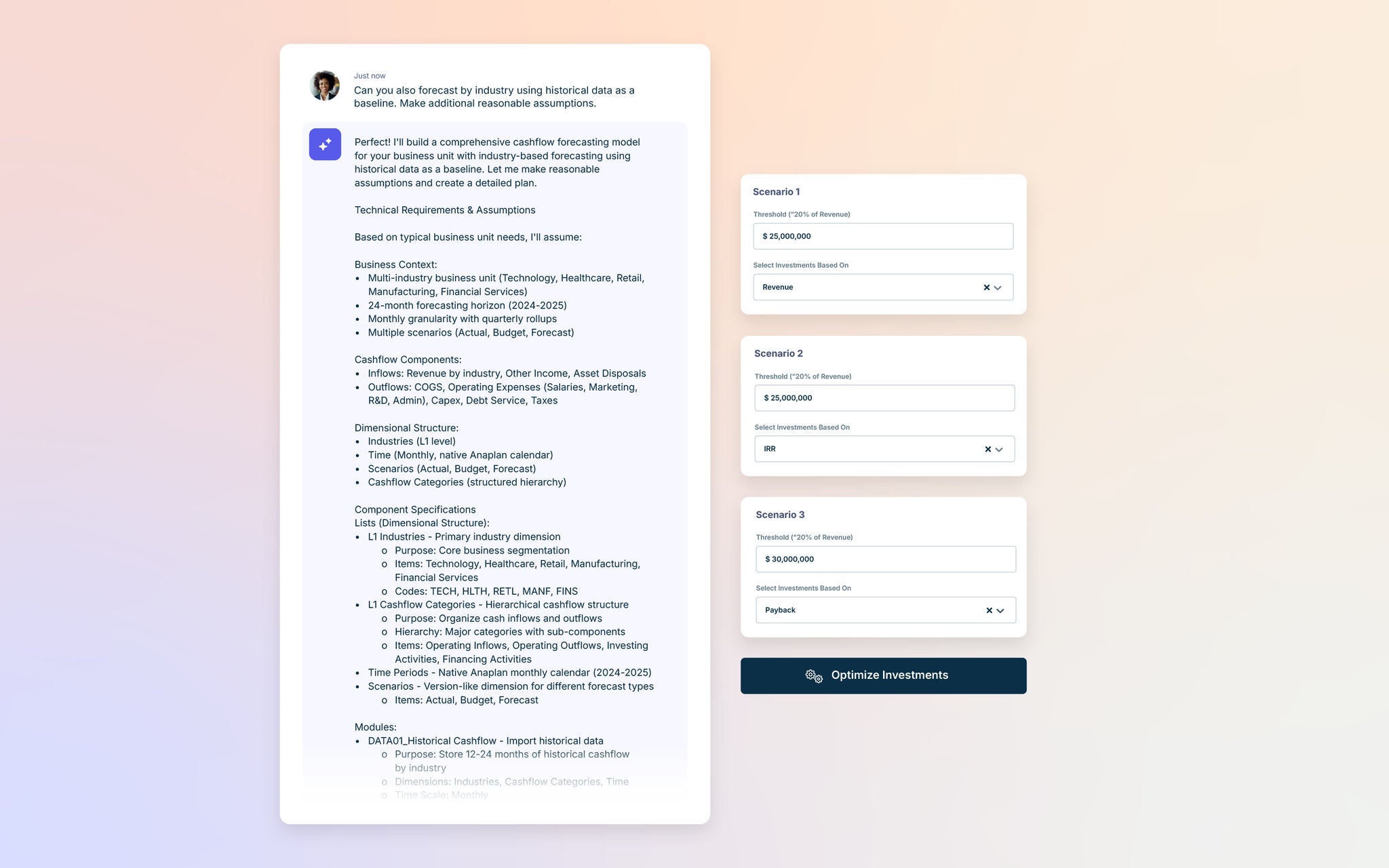 AI assistant interface presenting a detailed cashflow forecasting breakdown, alongside scenario cards comparing different investment thresholds.