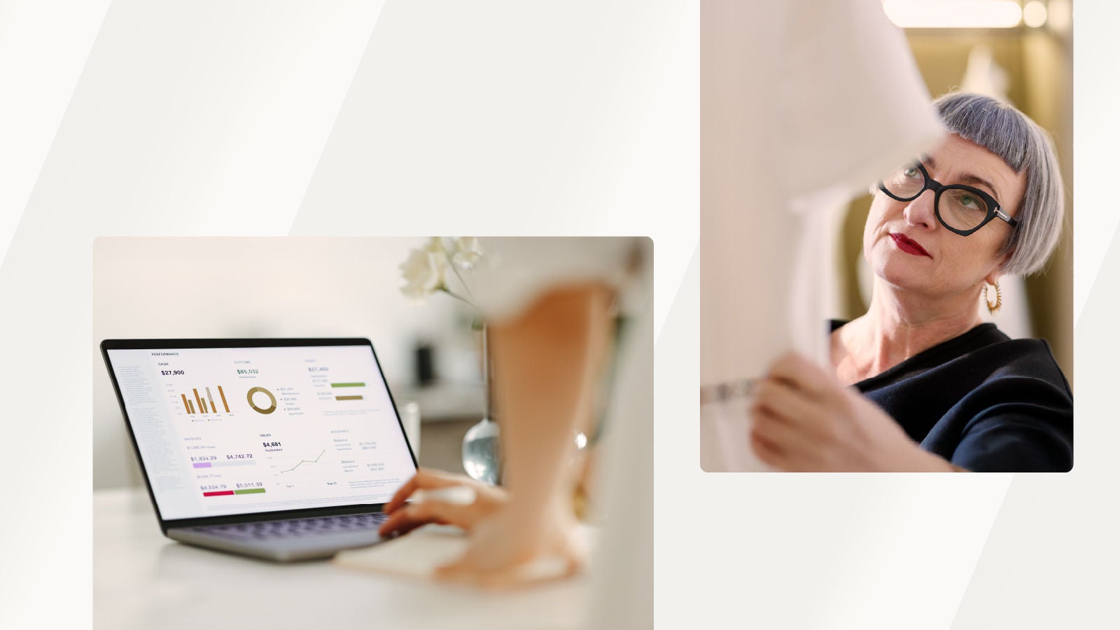 Laptop displaying data charts on a desk with a person’s hand resting nearby, alongside a woman examining a garment in a studio setting.