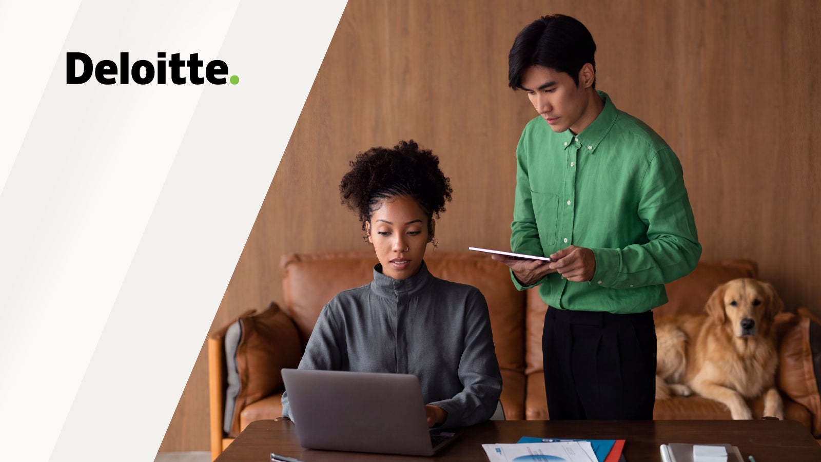 	Two colleagues working with a laptop and tablet in an office, with the Deloitte logo displayed in the upper left.