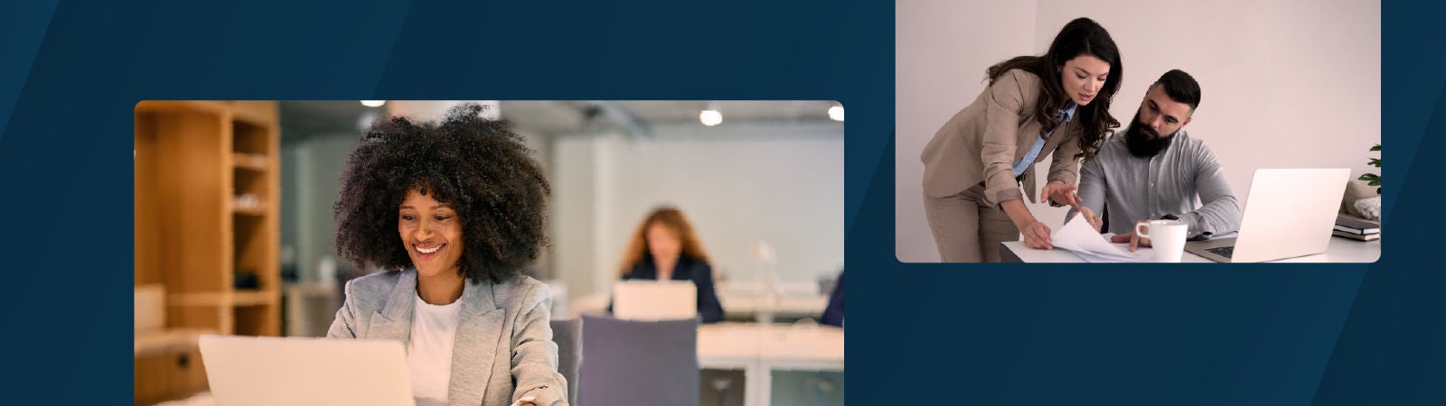 Two professionals working in modern office settings—one pair reviewing documents together, another person smiling while using a laptop at a desk.