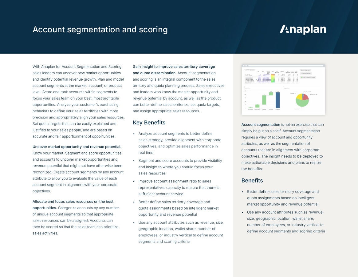 Anaplan account segmentation and scoring. The text highlights territory coverage, resource alignment, and uncovering new market opportunities, with a small chart example of bar and pie visuals.