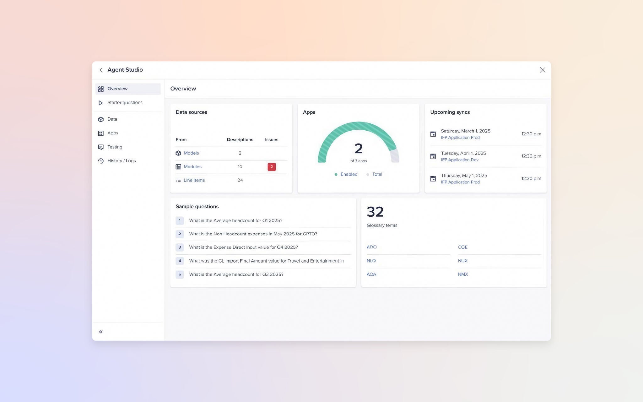 Agent Studio dashboard showing an overview of data sources, glossary terms, upcoming syncs, and enabled apps. The interface highlights sample questions an AI agent can answer, such as headcount or expense details.