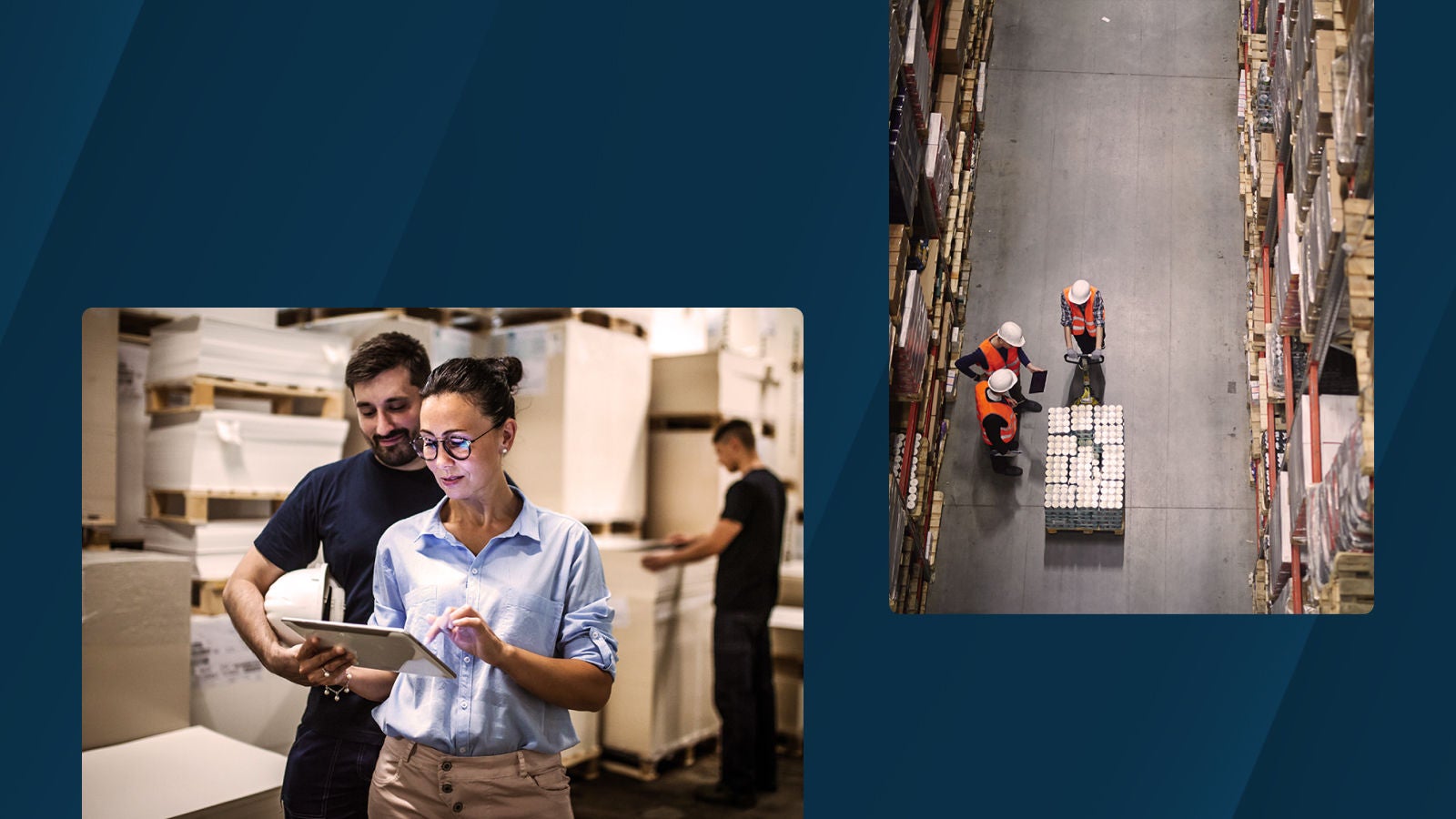 Collage showing warehouse workers reviewing inventory data on a tablet and an overhead view of staff managing palletized goods in a warehouse aisle.