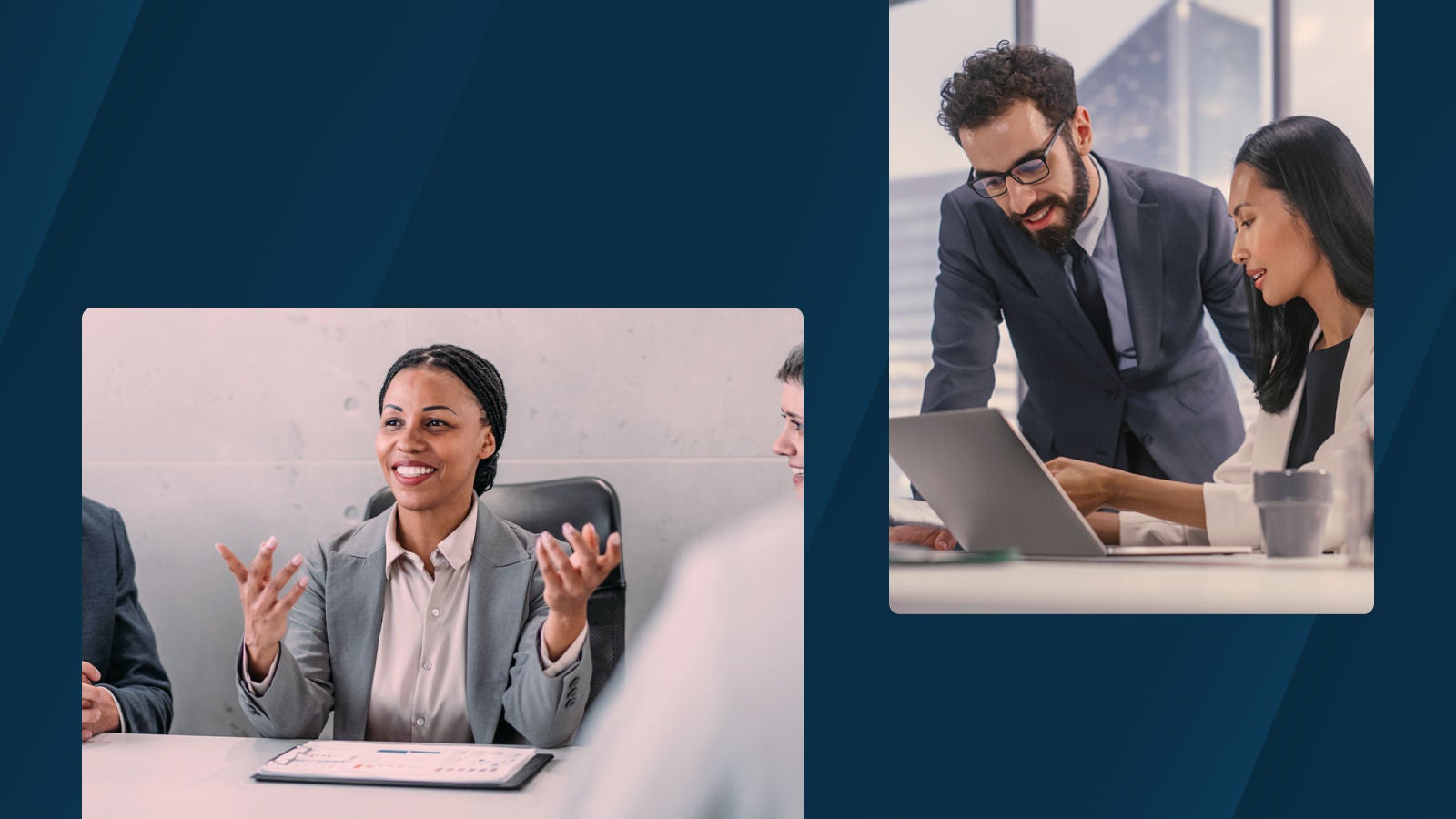 A collage showing professionals collaborating in an office, including a team discussion during a meeting and a pair reviewing information together on a laptop.