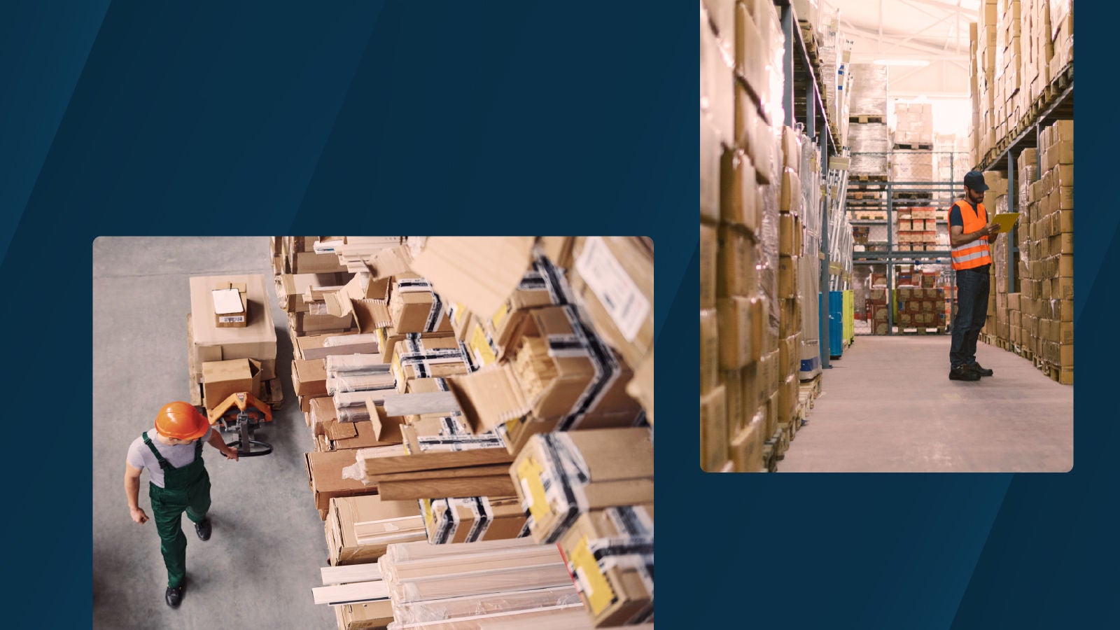 Warehouse inventory being checked and organized, with workers managing boxes and storage aisles, overlaid on ink background.