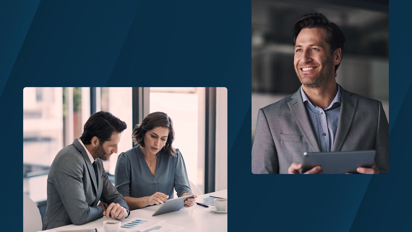 A man smiles while holding a tablet in an office, alongside a separate image of two colleagues reviewing financial documents and a tablet at a desk.