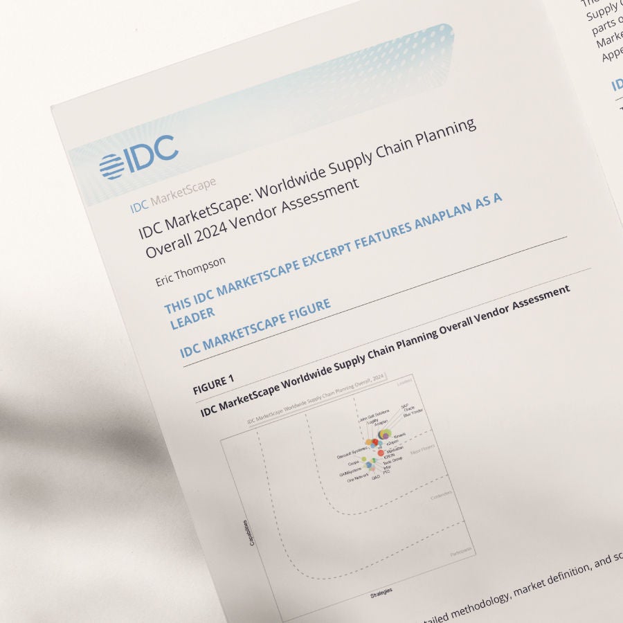 IDC MarketScape excerpt for “Worldwide Supply Chain Planning Overall 2024 Vendor Assessment.” The page highlights Anaplan as a leader and shows a quadrant-style figure with various vendor positions.