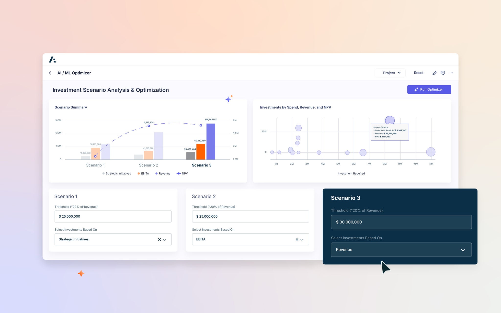 Anaplan AI / ML Optimizer compares three investment scenarios and highlights Scenario 3 with a $30,000,000 threshold based on Revenue.