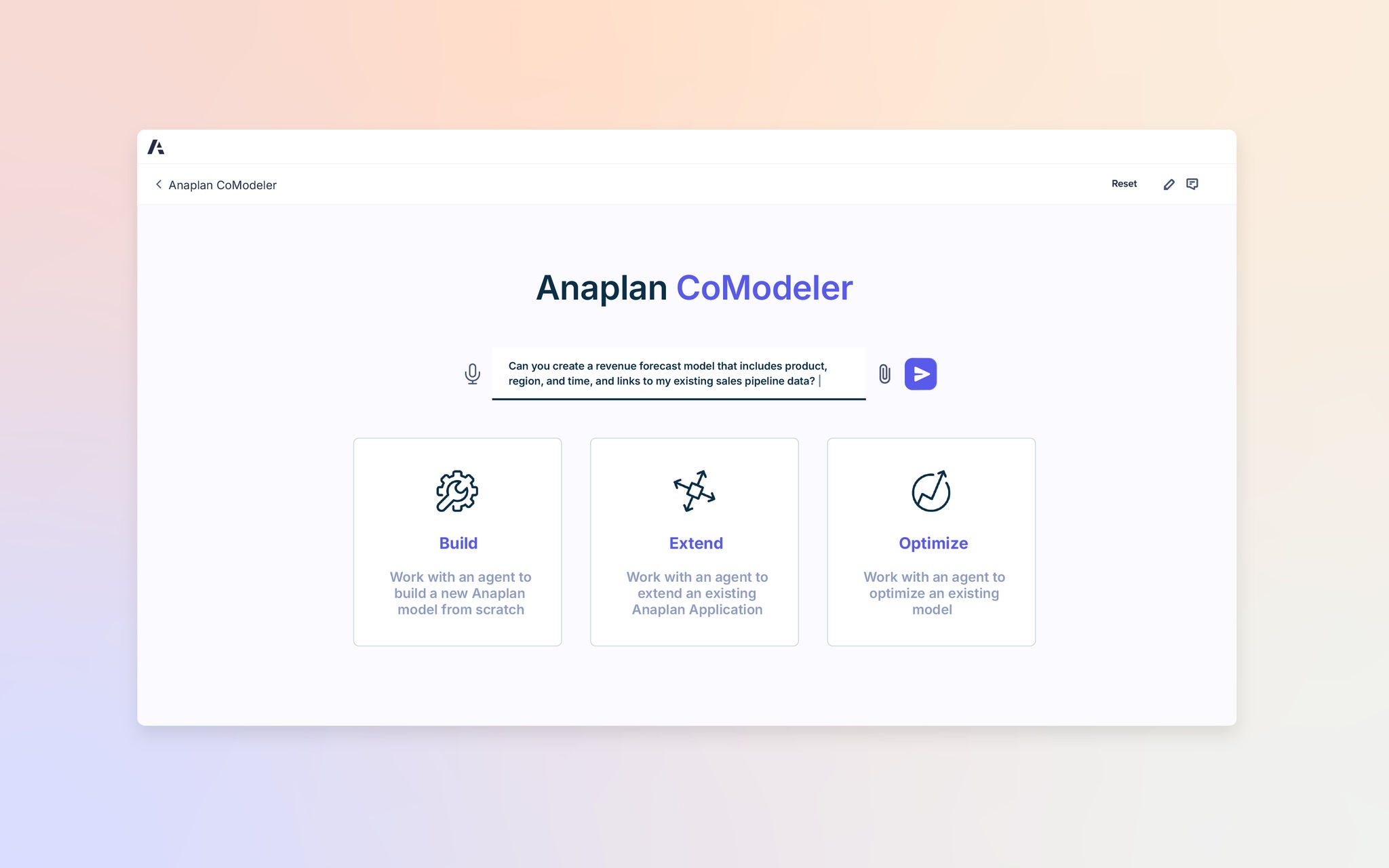 Anaplan CoModeler homepage with options to Build, Extend, and Optimize models. At the top, a conversational AI input box asks to create a revenue forecast model that includes product, region, and time with pipeline data.