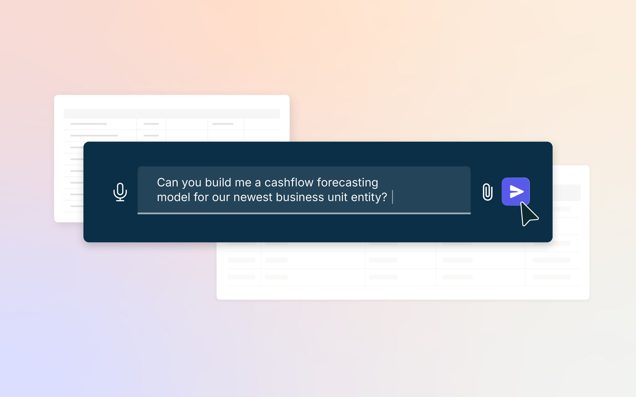 Close-up of an AI chat box with the text “Can you build me a cashflow forecasting model for our newest business unit entity?”, highlighting quick setup for new users.