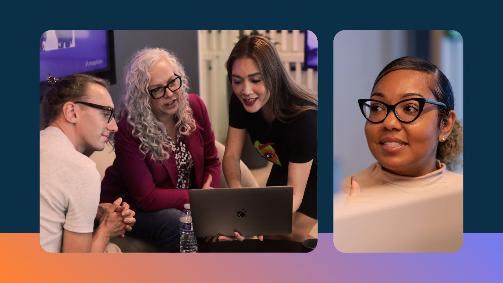 Composite image on a dark blue background showing three colleagues collaborating around a laptop and a portrait of a woman wearing glasses.