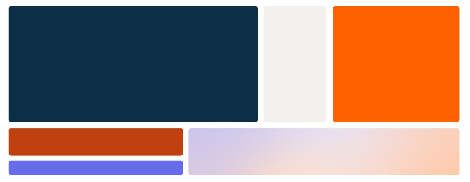 Anaplan Brand Color Palette in shades of cream, tan, lavendar, ink blue, copper, orange, and an ombre of all shades