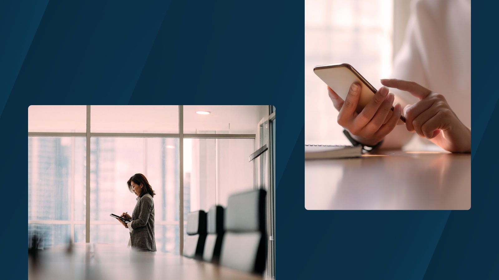 Collage of two business images: a professional woman in a meeting holding a clipboard and pen, and a close-up of hands using a smartphone on a desk.