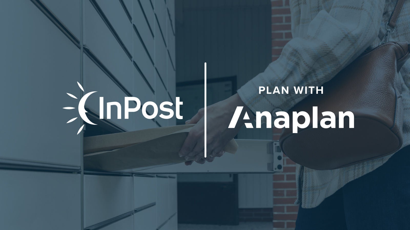 InPost and Anaplan logos centered. The image shows a close-up of a person inserting a parcel into a delivery locker, highlighting logistics efficiency.