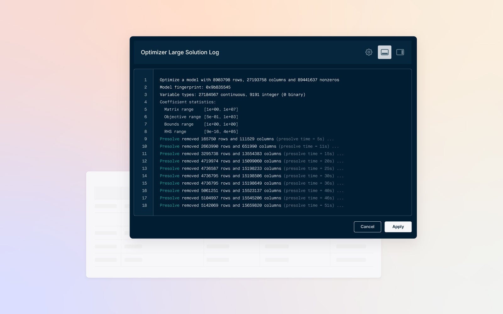 Optimizer interface showing a large solution log with detailed pre-solve statistics, including rows, columns, and processing time. A dark modal window overlays a blurred background.