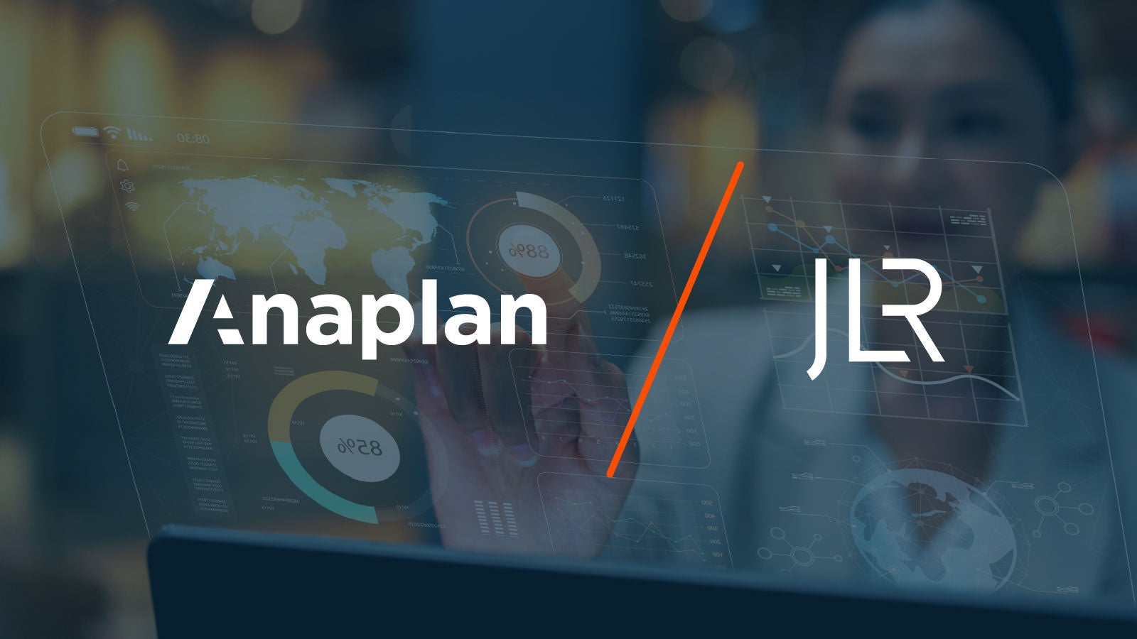 Anaplan and JLR Logos displayed center. A semi-transparent data dashboard overlays a blurred woman in business attire, representing digital transformation and analytics.