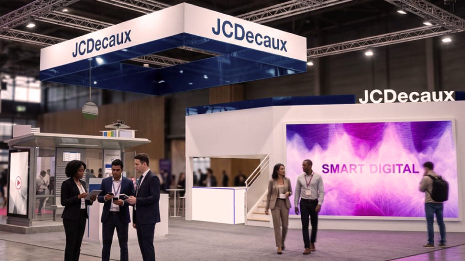 JCDecaux trade show booth with attendees and a digital display reading “SMART DIGITAL.”