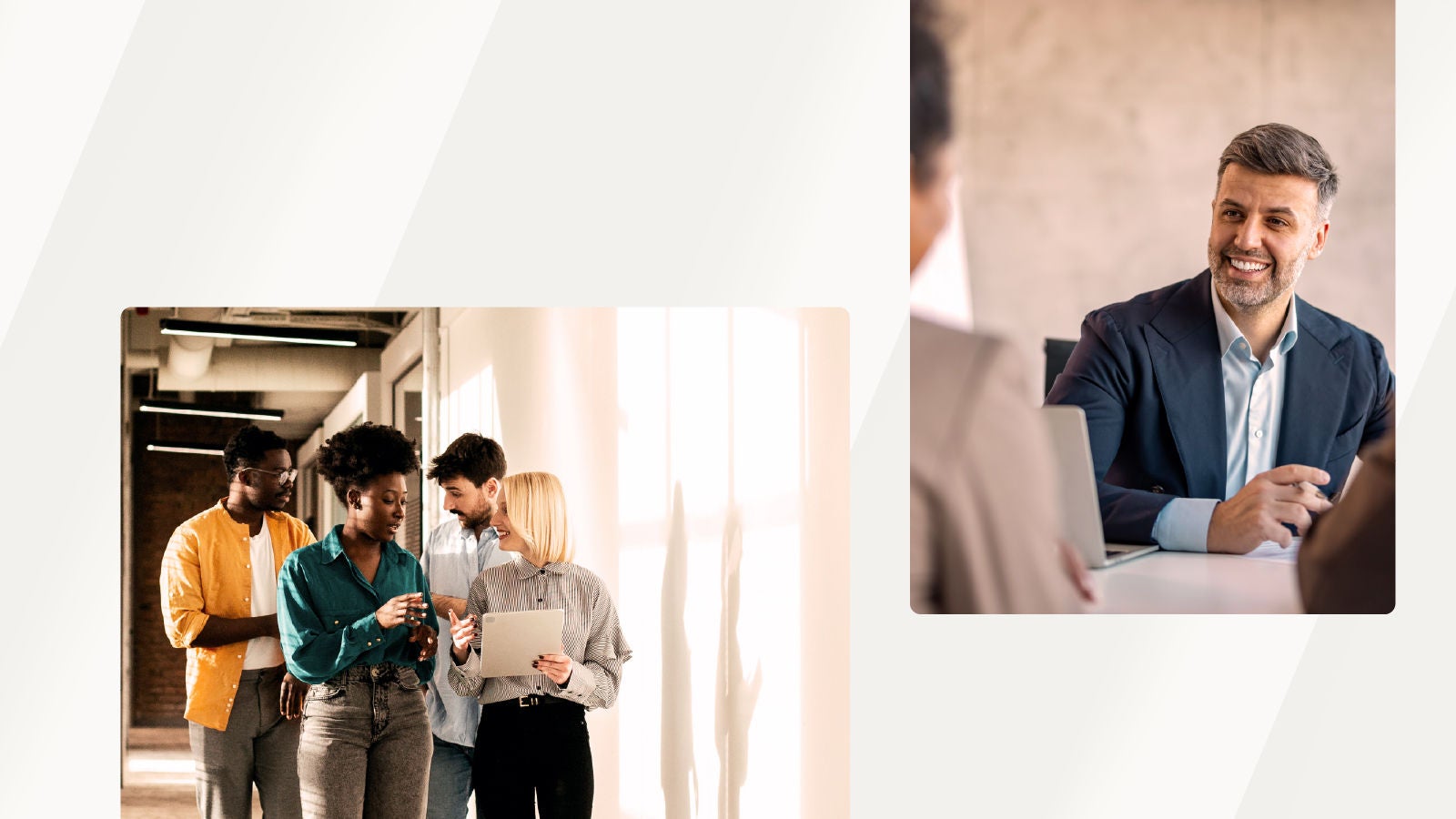 A group of four people walking in a hallway having a discussion, and a man in a blazer smiling while seated in a meeting.