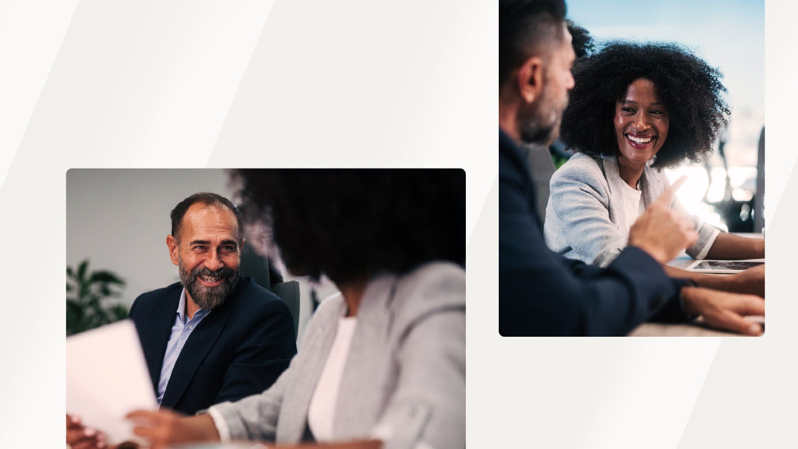 Two colleagues smiling and exchanging ideas during a meeting, symbolizing teamwork and communication in financial and sales planning.