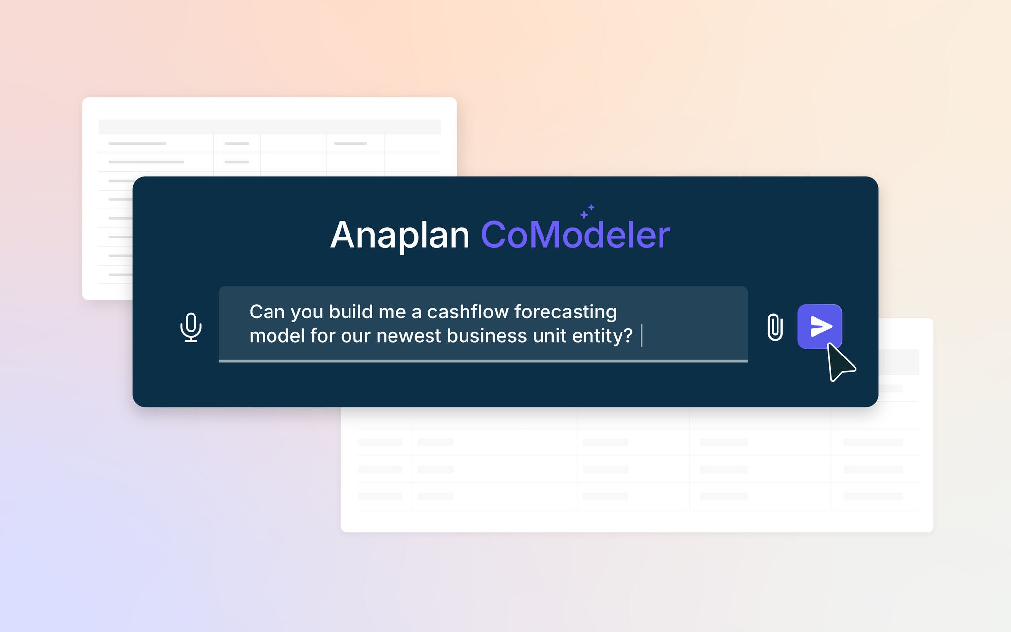 Anaplan CoModeler prompt interface with a user asking to build a cashflow forecasting model, featuring microphone and send controls.