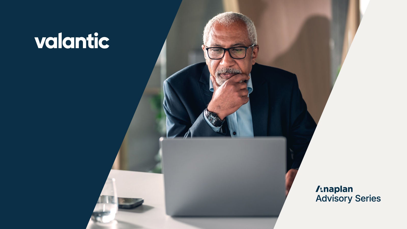Valantic and Anaplan Advisory Series Logos displayed. An older man in glasses and a blazer looks intently at a laptop screen.