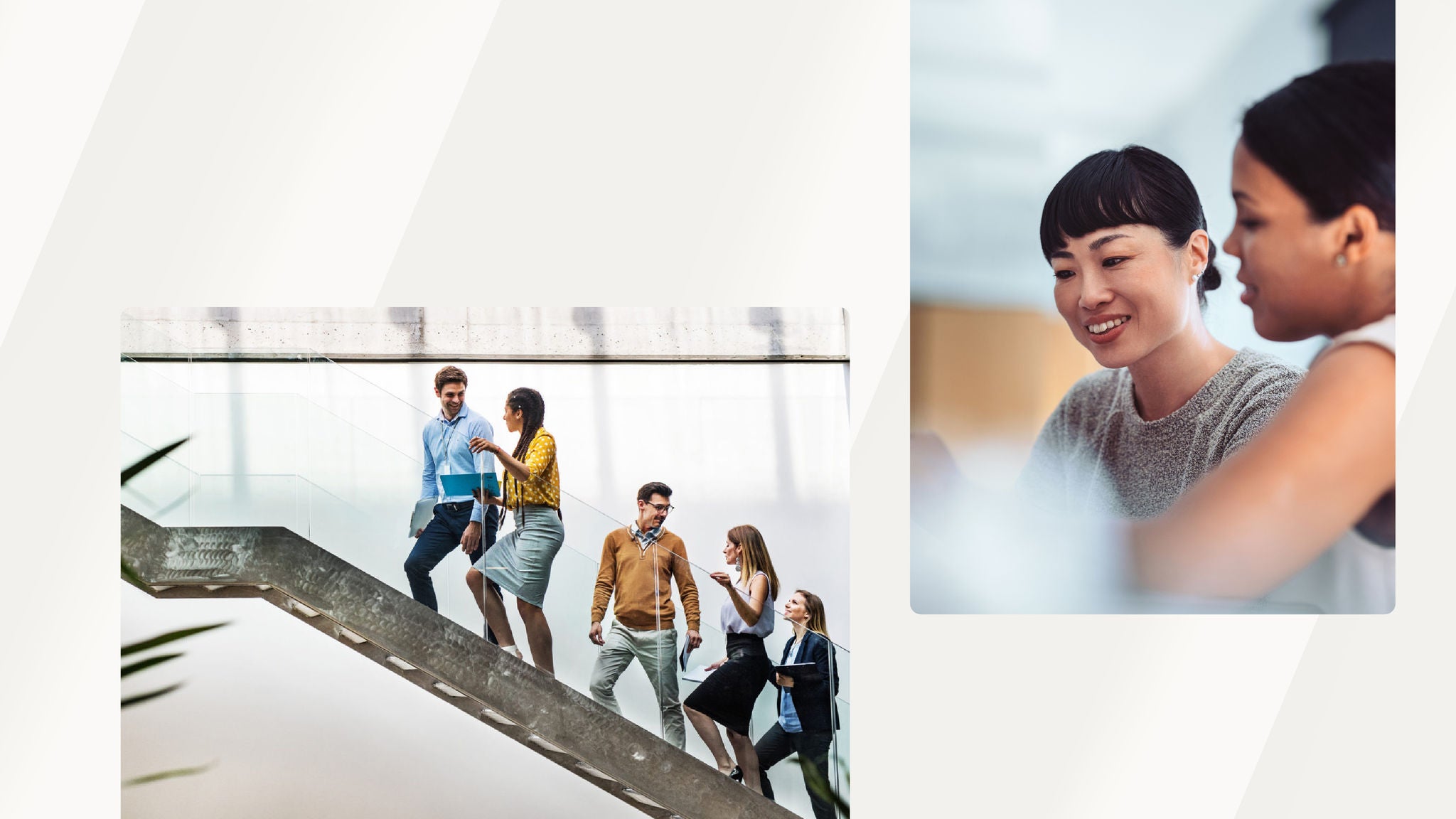 A group of professionals walking up a modern glass staircase, engaged in conversation, with a blurred plant in the foreground. In the top right corner, a separate image shows two women collaborating, smiling as they discuss work. The background is light with abstract geometric shapes.