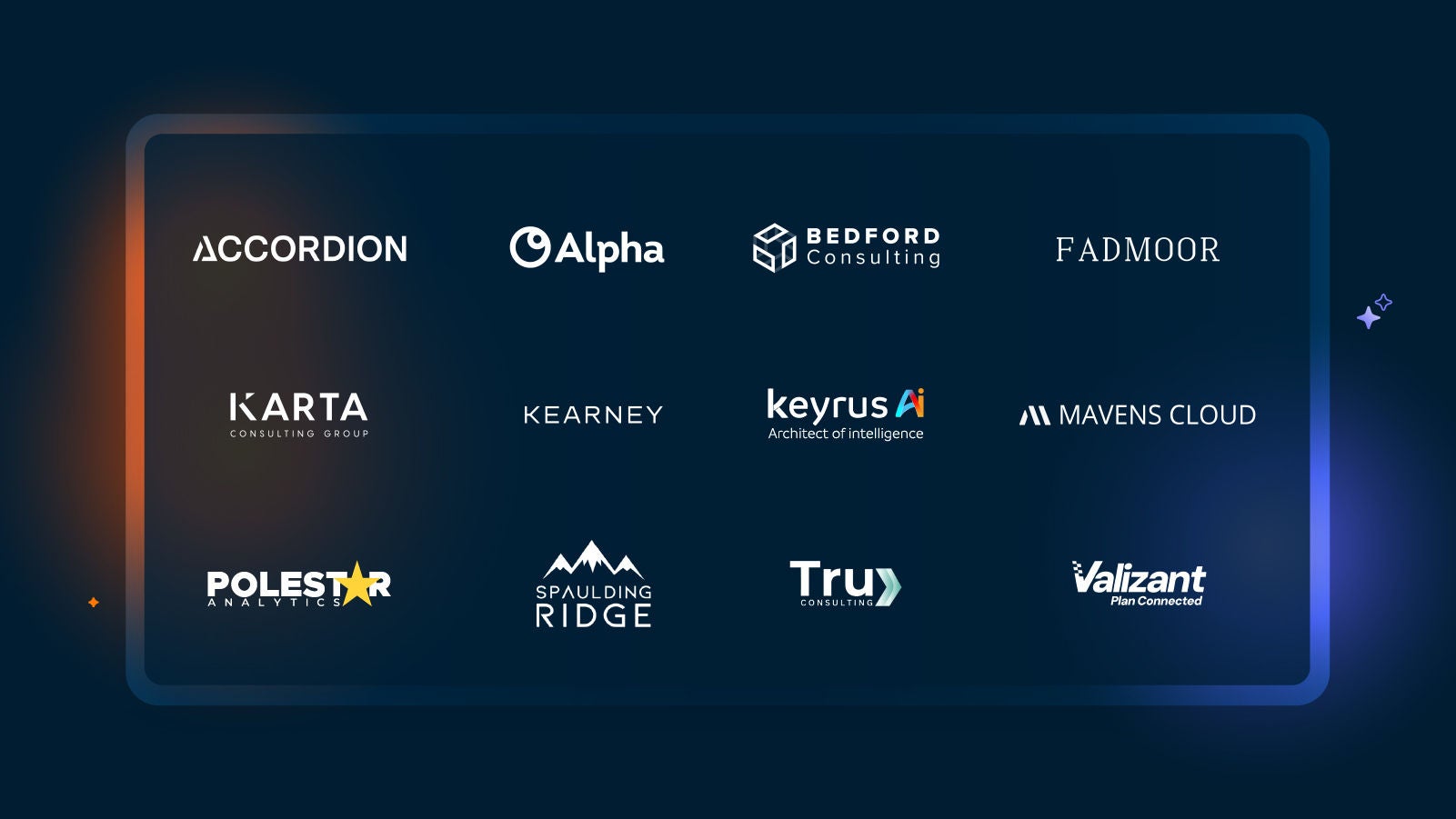 Accordion, Alpha, Bedford Consulting, Fadmoor, Karta Consulting Group, Kearney, Keyrus AI, Mavens Cloud, Polestar Analytics, Spaulding Ridge, Truy Consulting, and Valizant logos displayed within a rounded rectangular frame on a dark blue background with orange and blue gradient accents.