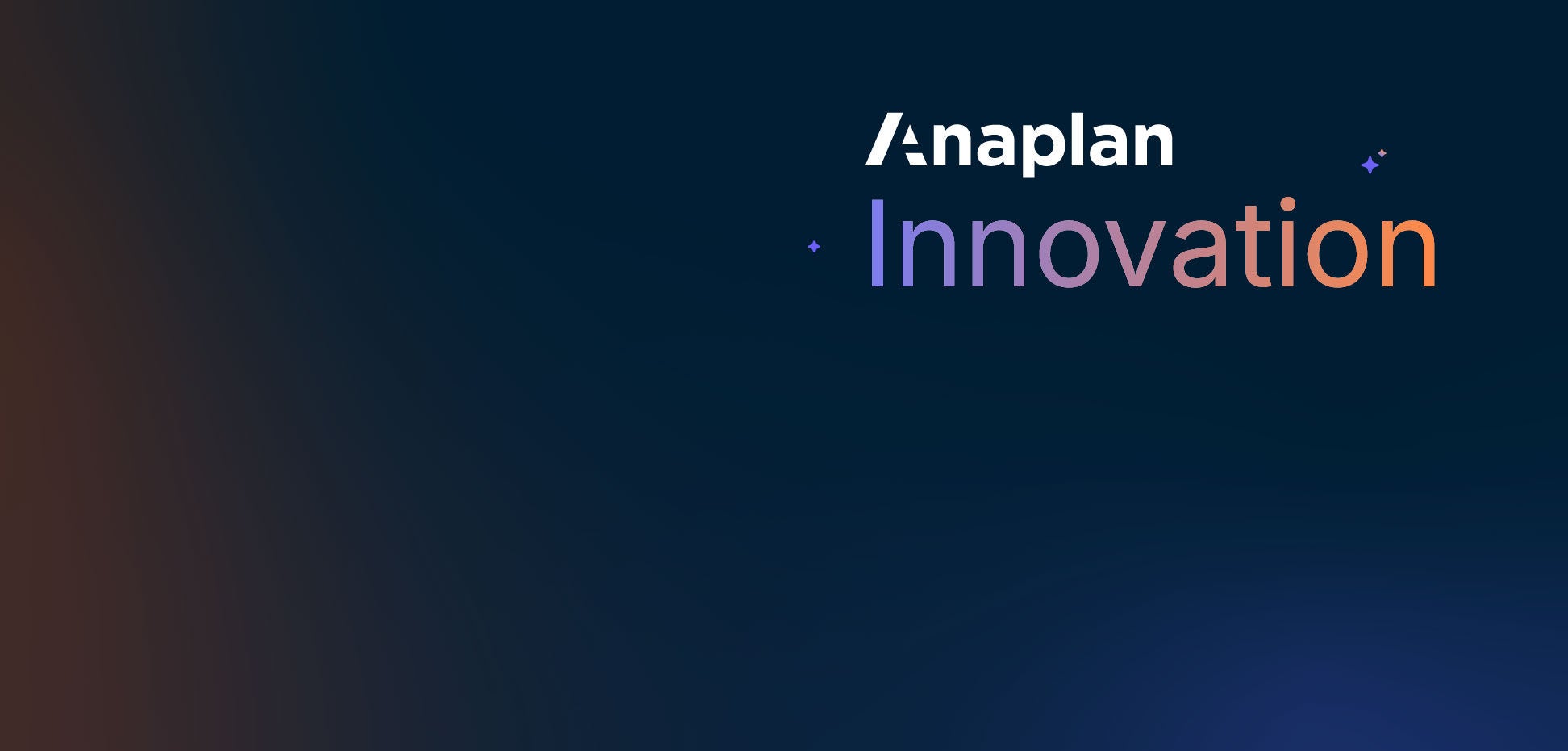 Dark gradient background with Anaplan logo and the word “Innovation” in large gradient text with small decorative star elements.