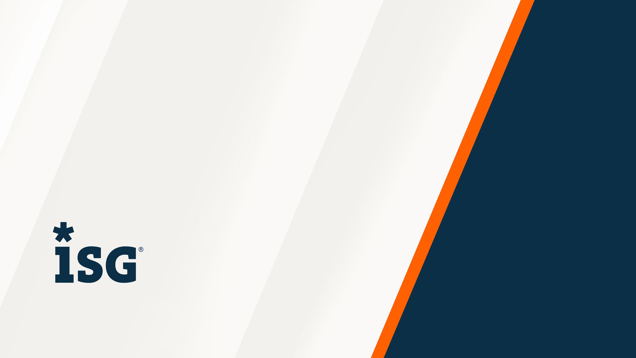 Diagonal white and navy blue background with an orange accent line. ISG logo displayed on the bottom left.