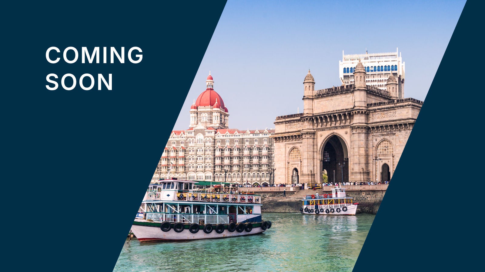 Coming soon resource tile showing Mumbai waterfront with the Gateway of India and boats on the harbor.