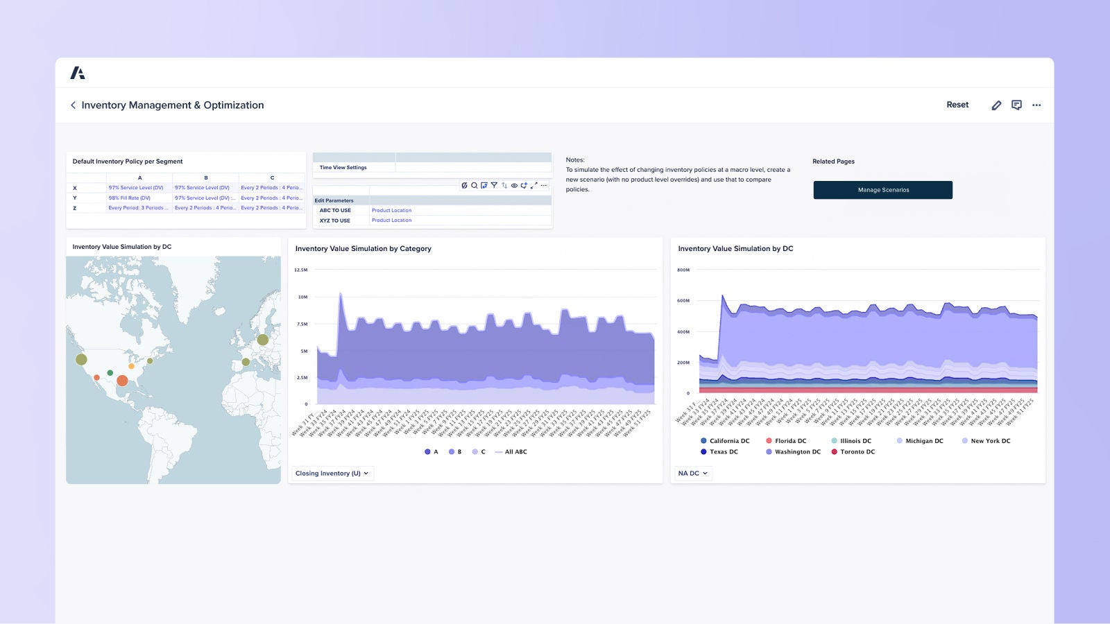 Anaplan dashboard on Inventory Management & Optimization. Default inventory policy simulations across segments and locations, with an image of inventory value trends by category, simulation graphs by distribution center, and a geographic map visualization.