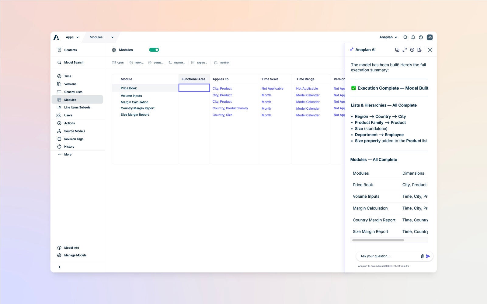 Anaplan dashboard showing completed model modules alongside an AI execution summary of generated hierarchies and dimensions.