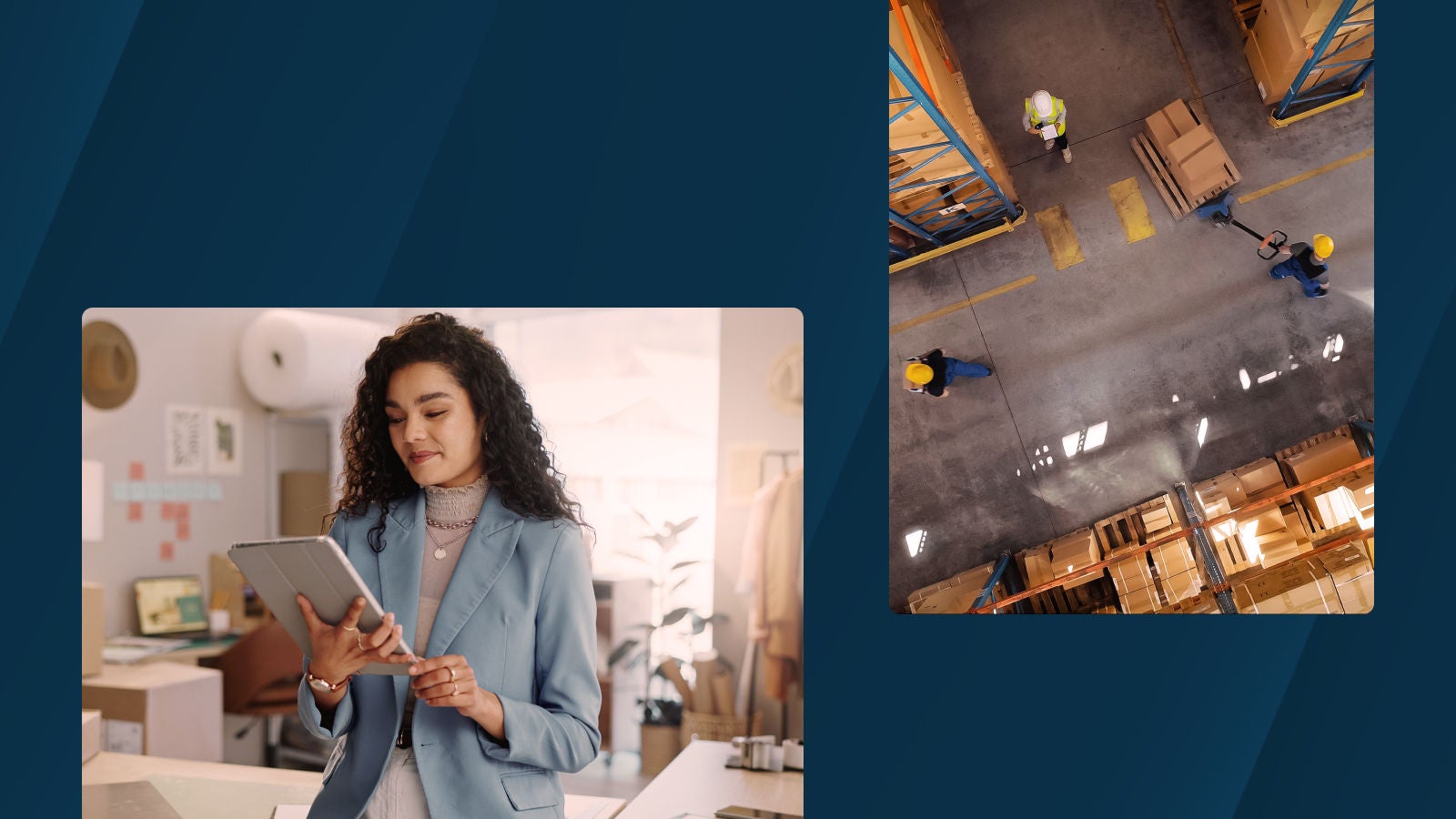 Collage showing a woman in a light blue blazer using a tablet in an office workspace, alongside an overhead view of warehouse workers moving pallets and boxes between storage racks.
