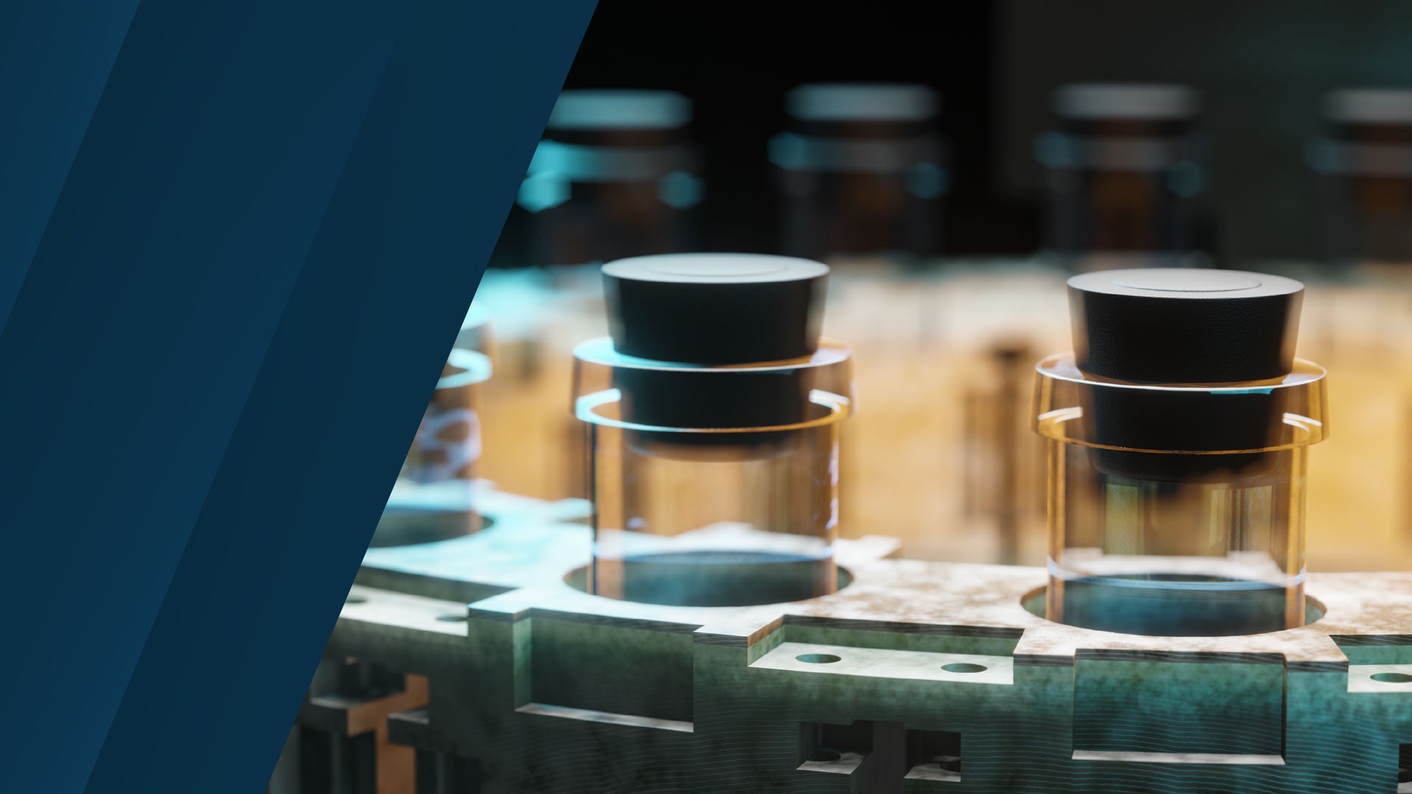 Close-up of a pharmaceutical production line with transparent vials sealed with black caps on a rotating machine. The left side features a solid dark blue overlay.