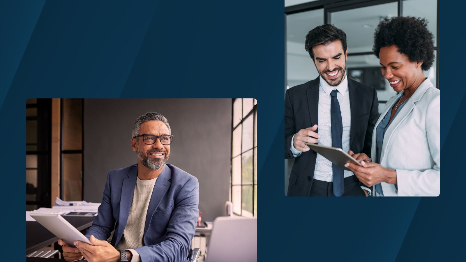 A man sitting in an office holding a tablet with another scene of two colleagues reviewing a tablet.