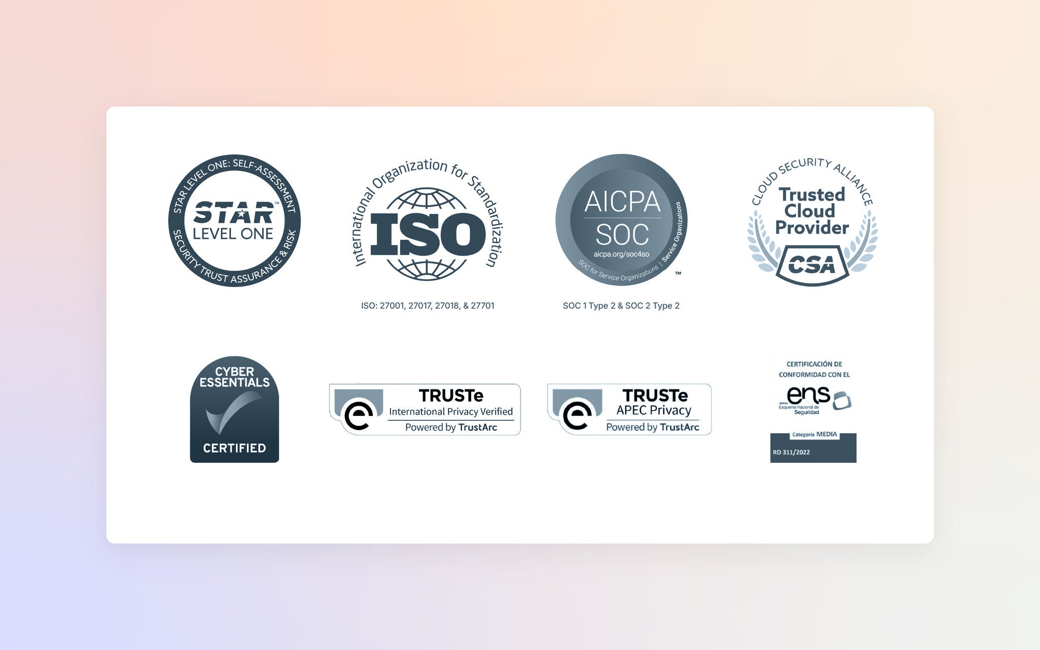 STAR Level One, ISO, AICPA SOC, CSA Trusted Cloud Provider, Cyber Essentials, TRUSTe, and ENS certification badges displayed on a white panel.