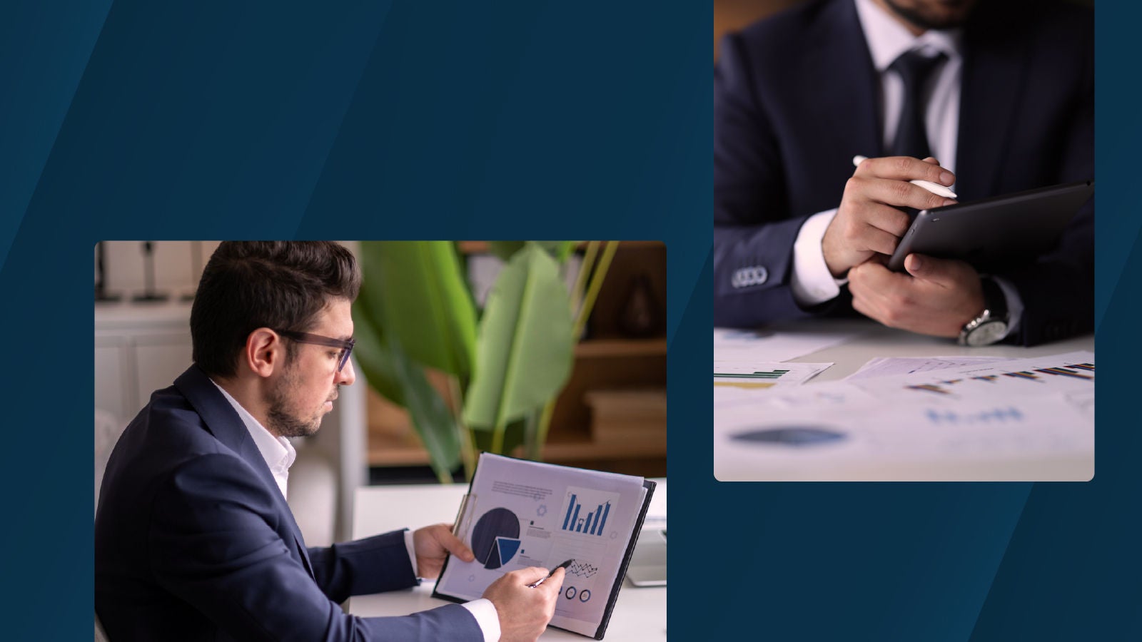 A man in a suit analyzes financial reports while another reviews charts on a tablet, both set against a dark blue Anaplan-themed background.