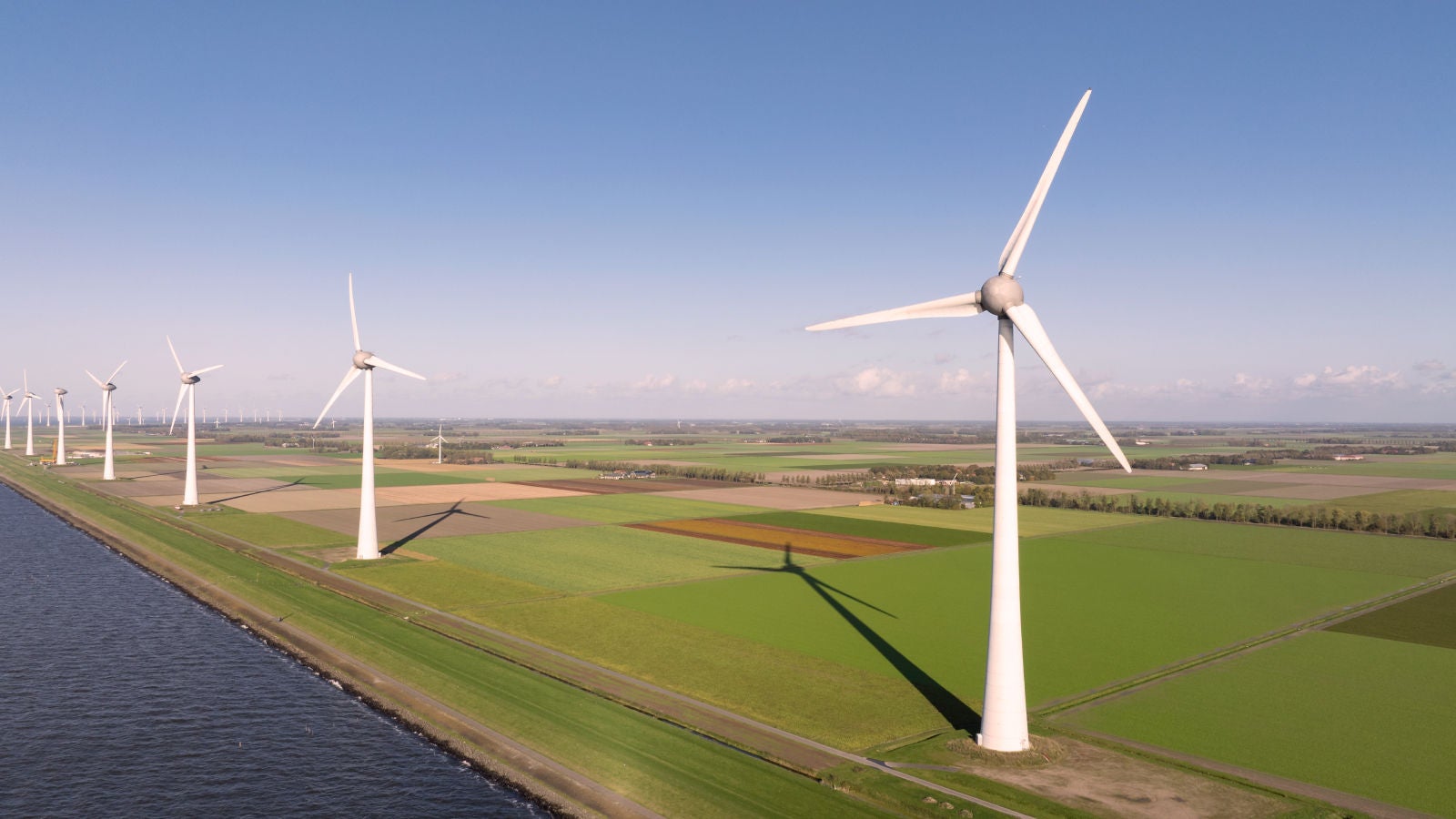 Wind turbines lined across green farmland beside a body of water under a clear sky.