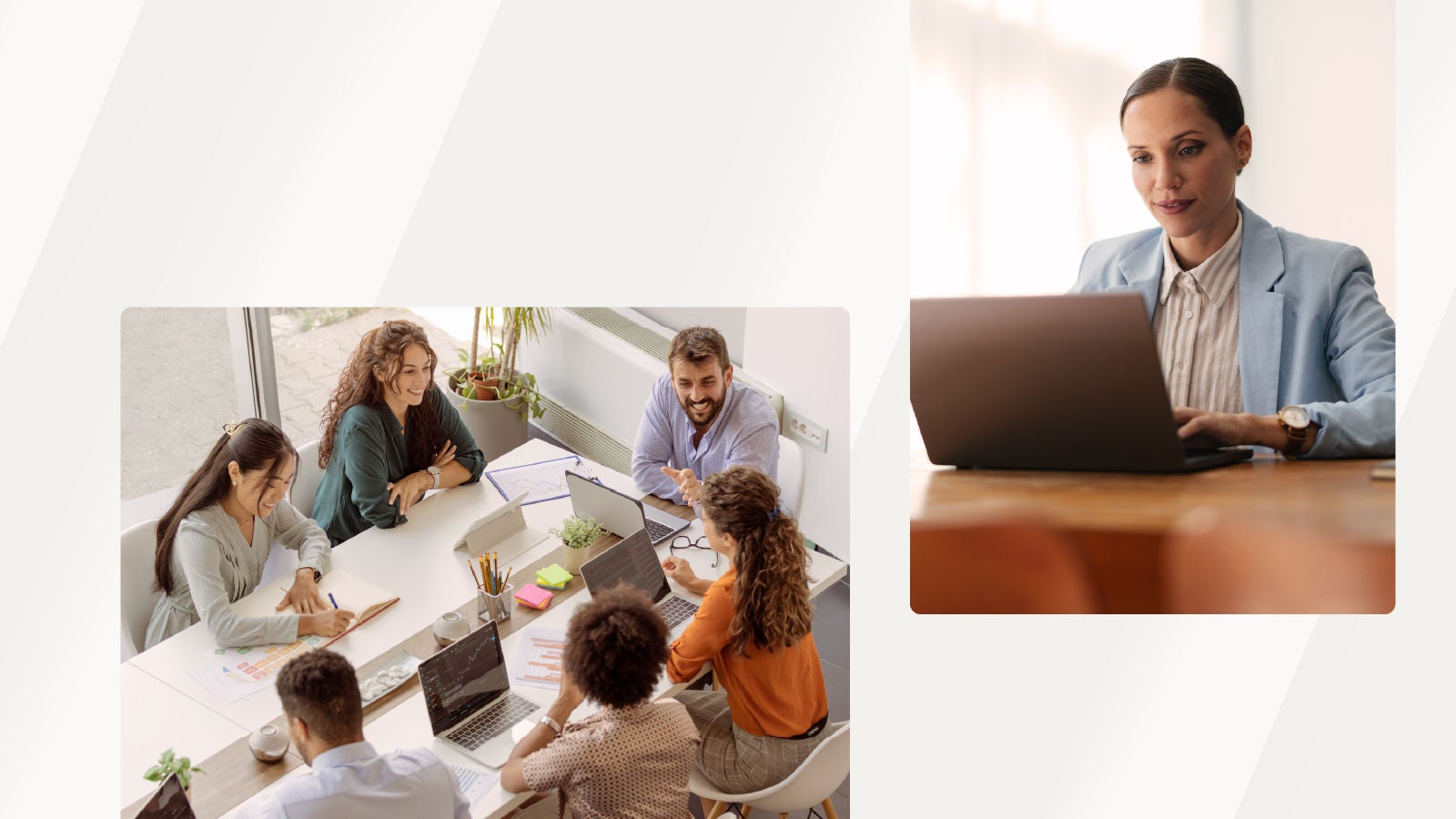 Two images side by side: top photo shows a woman in a light blue blazer focused on her laptop; bottom photo shows five colleagues around a meeting table with laptops and notebooks, smiling and collaborating.