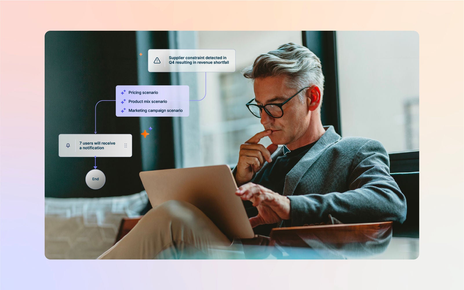 Businessman using a tablet beside a workflow showing a supplier constraint, response scenarios, and a notification to seven users.