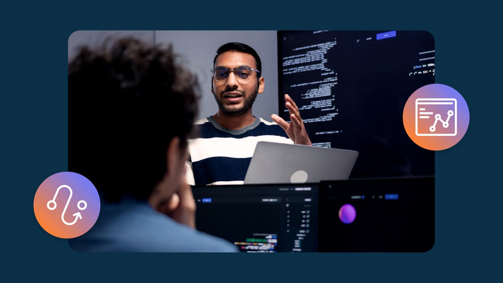 A professional presenting technical information on a laptop screen, with code displayed on monitors and graphic icons on a dark blue background.