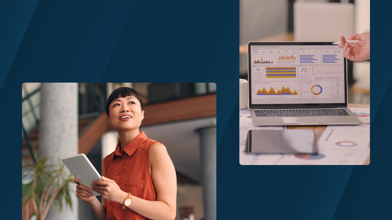 Collage of a woman in an orange sleeveless blouse holding a tablet in a modern office and a close-up of a laptop displaying financial dashboards on a desk with charts and reports.